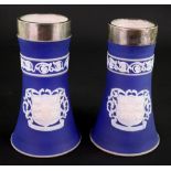 A pair of Adams blue jasper dip silver mounted spill vases, one hallmarked London 1907,