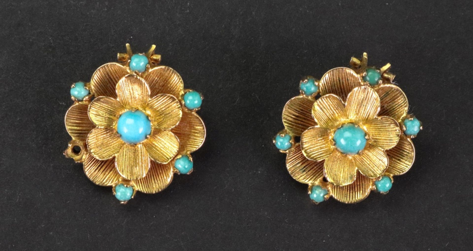 A pair of gold and turquoise clip earrings, in floral design with textured finish,