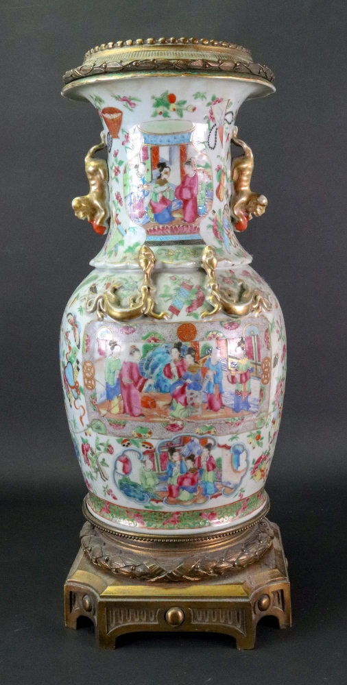 A Canton gilt metal mounted famille rose baluster vase, 19th century,