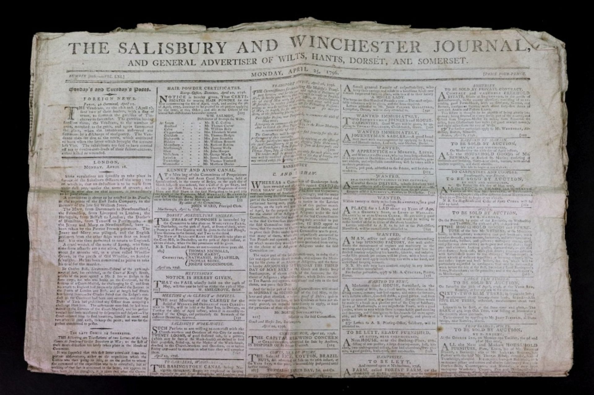 The Salisbury and Winchester Journal, Monday, April 25, 1796 and The Star, Wednesday, November 12,