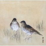 A Japanese watercolour heightened with white of two birds, signed, 23 x 23cm.