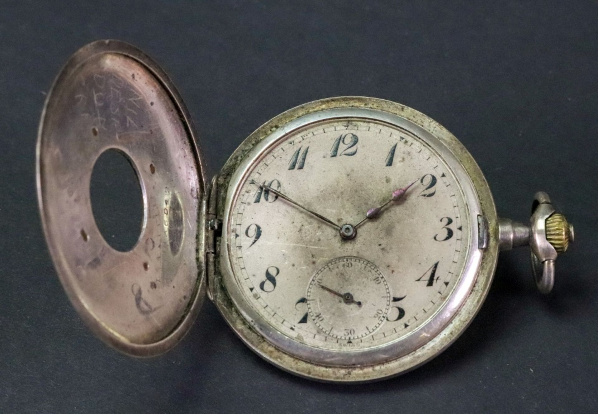 A half hunter pocket watch, the dial with Arabic numerals and subsidiary seconds dial, - Image 4 of 4