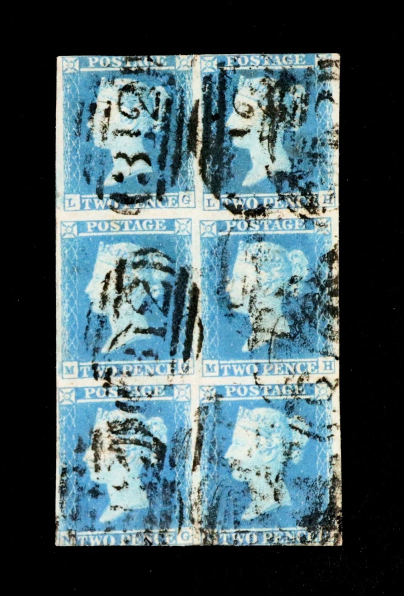 Great Britain; Queen Victoria 1841 2d blue, used block of six, cancelled black, m.c.