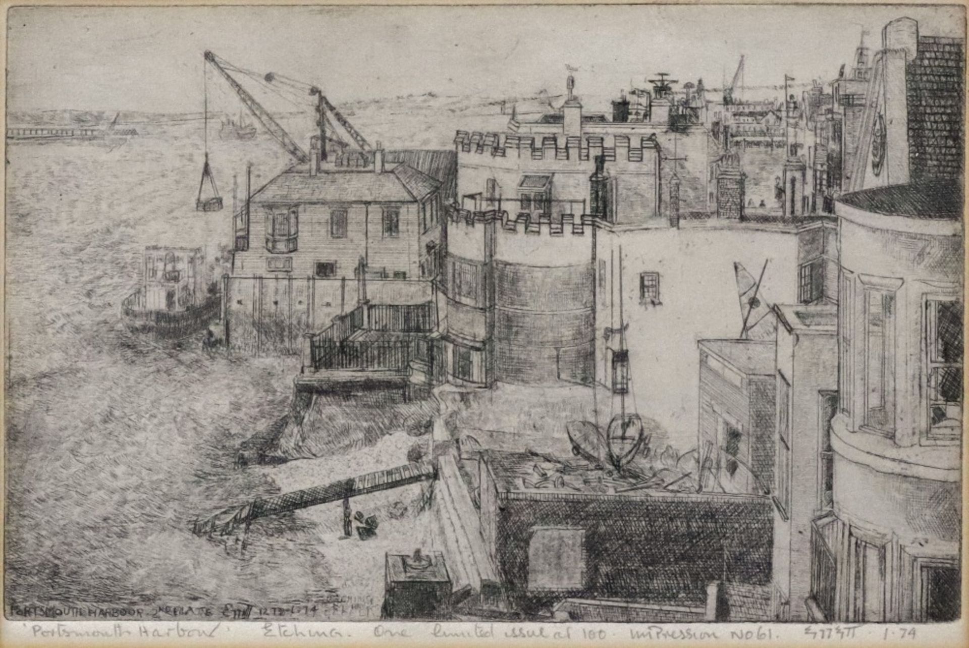 English School, 20th Century, Portsmouth Harbour, inscribed in pencil (in lower margin), etching,