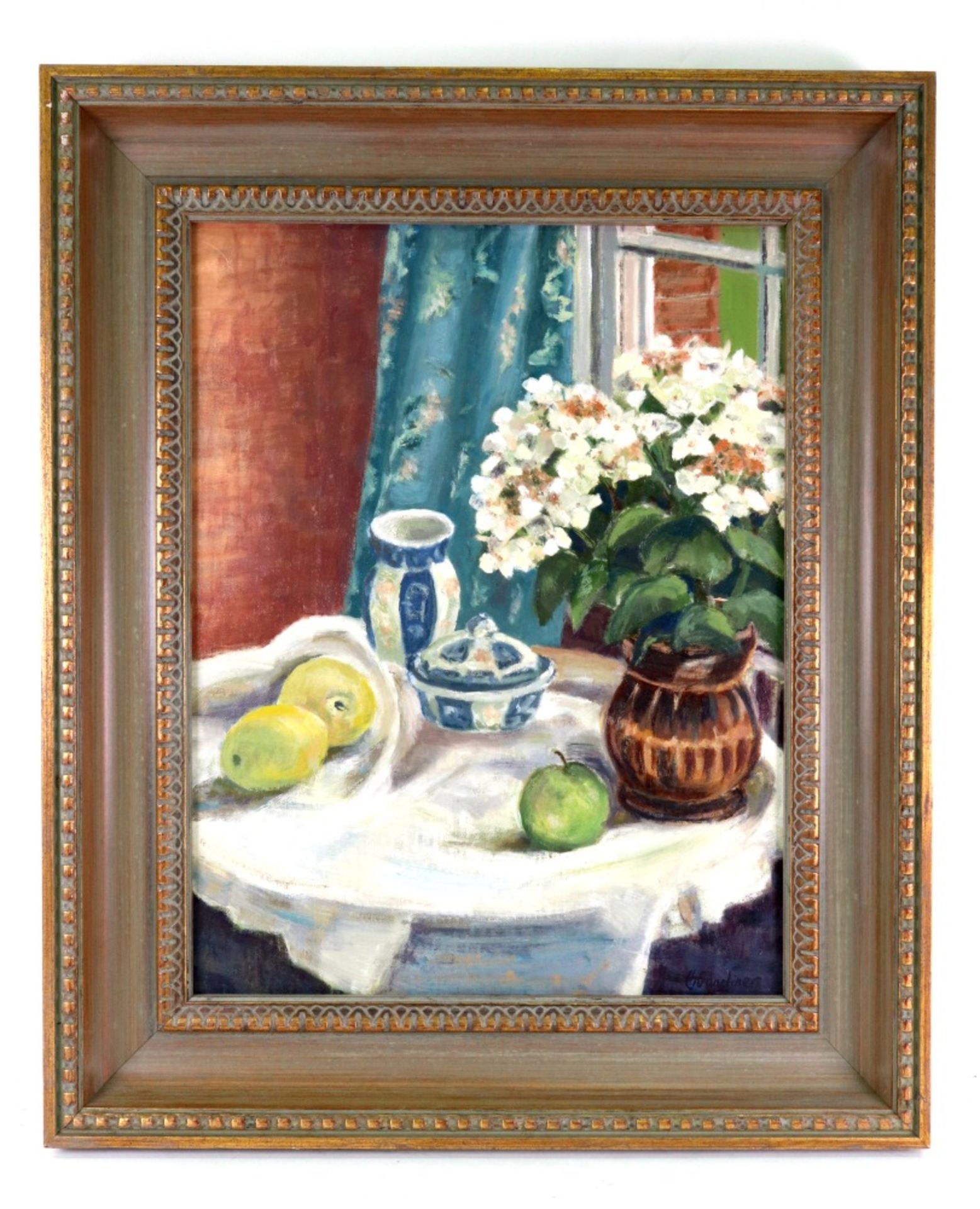 Hilary Gardiner (British, 20th Century), Still life of apples, pears and flowers, - Image 2 of 2