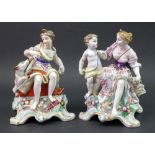 A pair of French porcelain figures, one modelled as Diana holding a bow, seated next to a putto,