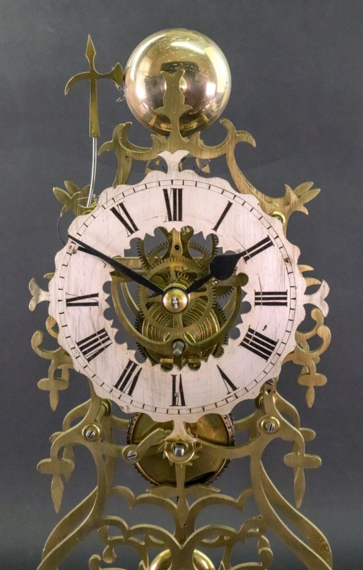 A Victorian brass skeleton clock, of open scrollwork form, the silvered dial with Roman numerals, - Image 2 of 6