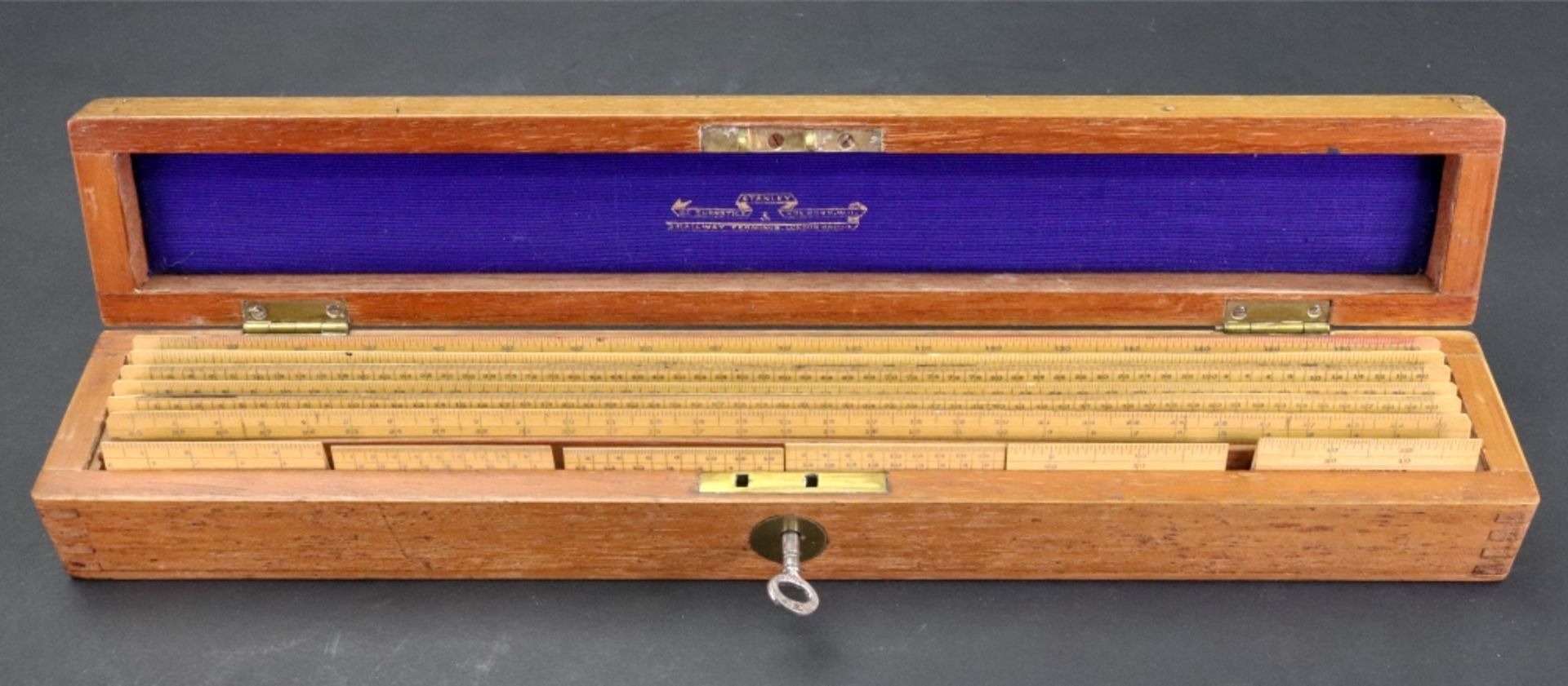 A rectangular mahogany cased set of Stanley boxwood rulers, early 20th century, - Image 2 of 3