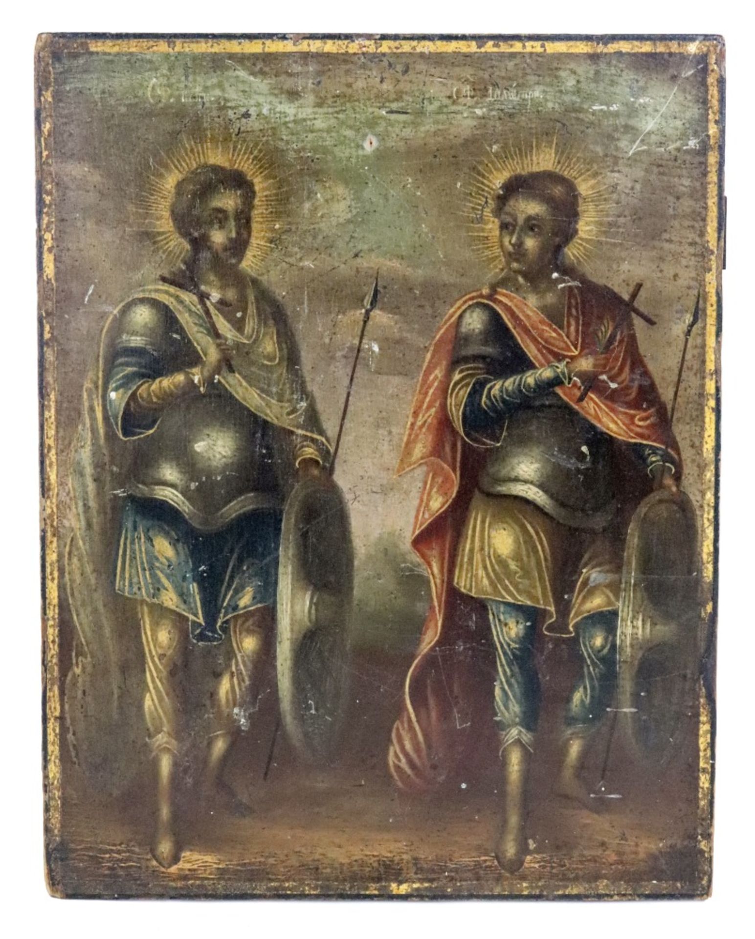 A Russian Icon depicting two military figures holding crosses, 27.5 x 21cm.