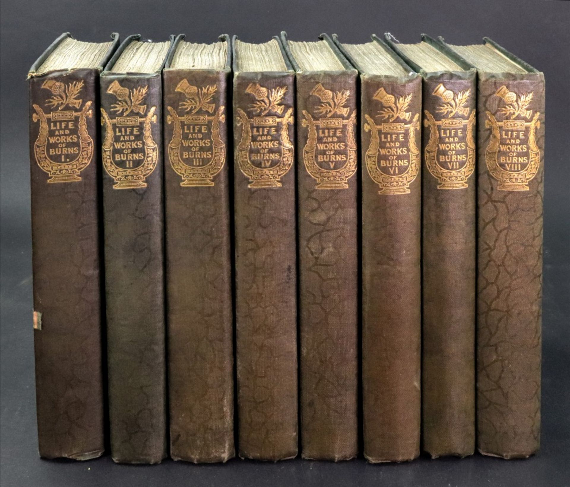 The Life and Works of Robert Burns, 8 volumes, James Cochrane and Co, 1834, gilt green cloth,