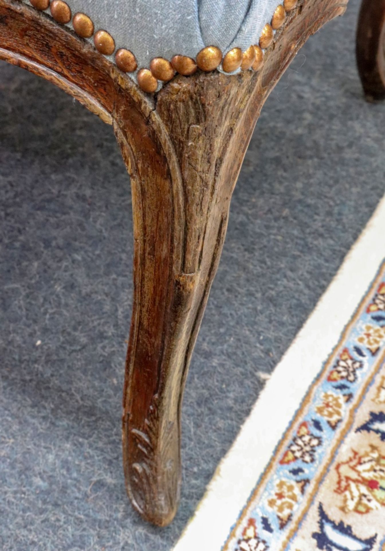 A Louis XV style oak frame fauteuil, first half 19th century, moulded and foliate carved, - Image 5 of 8