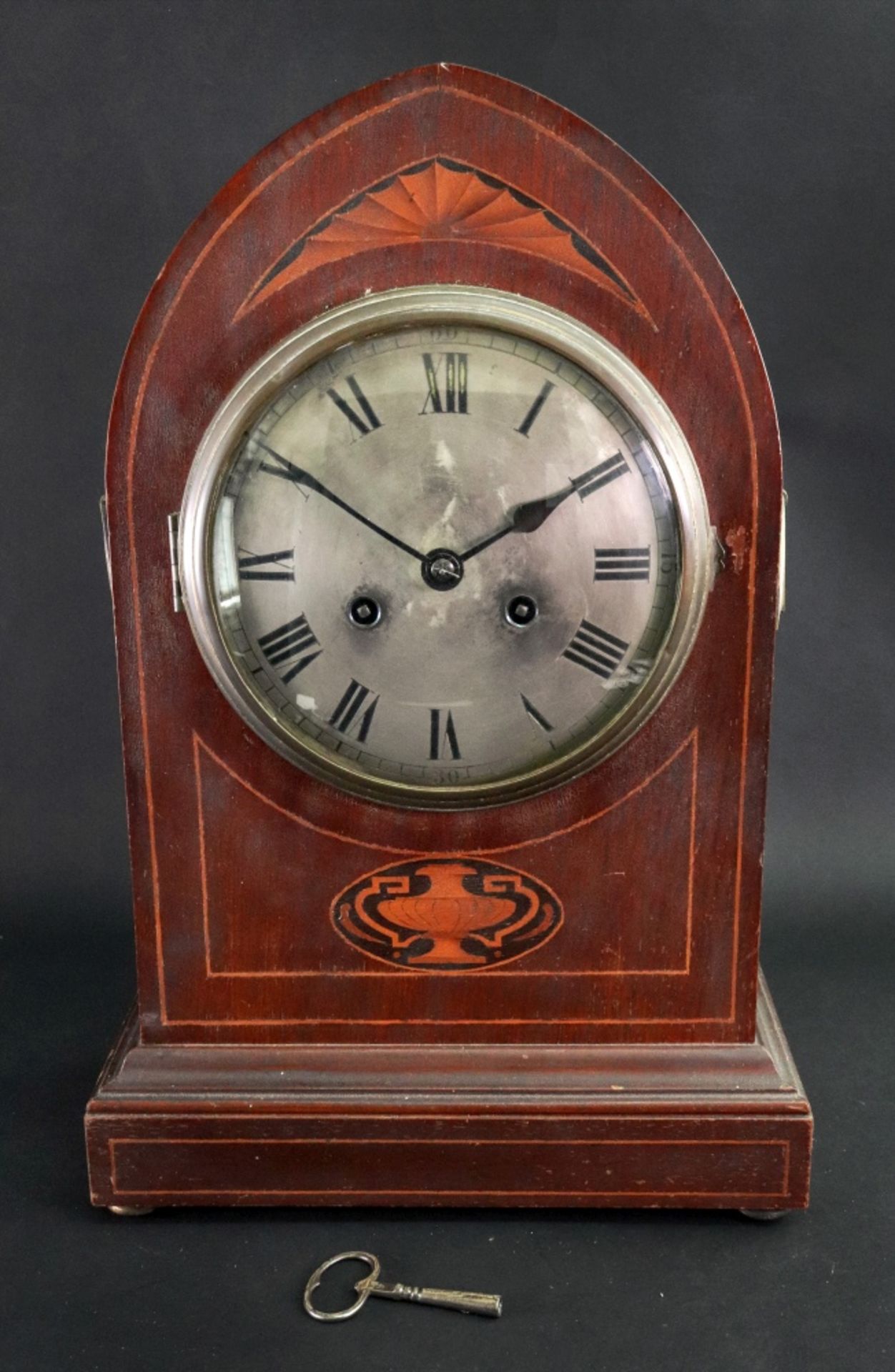 A George III style mahogany boxwood strung lancet top bracket clock, Ph.