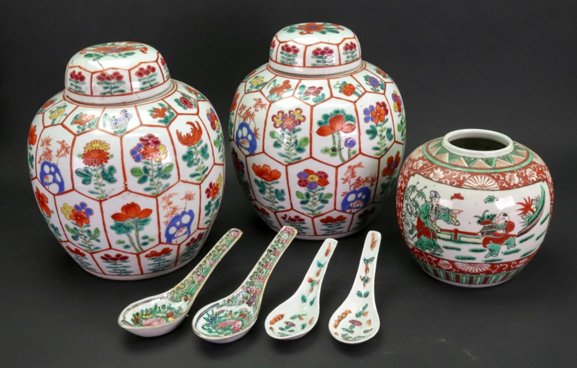 A pair of Chinese famille rose ovoid jars and covers, 20th century,