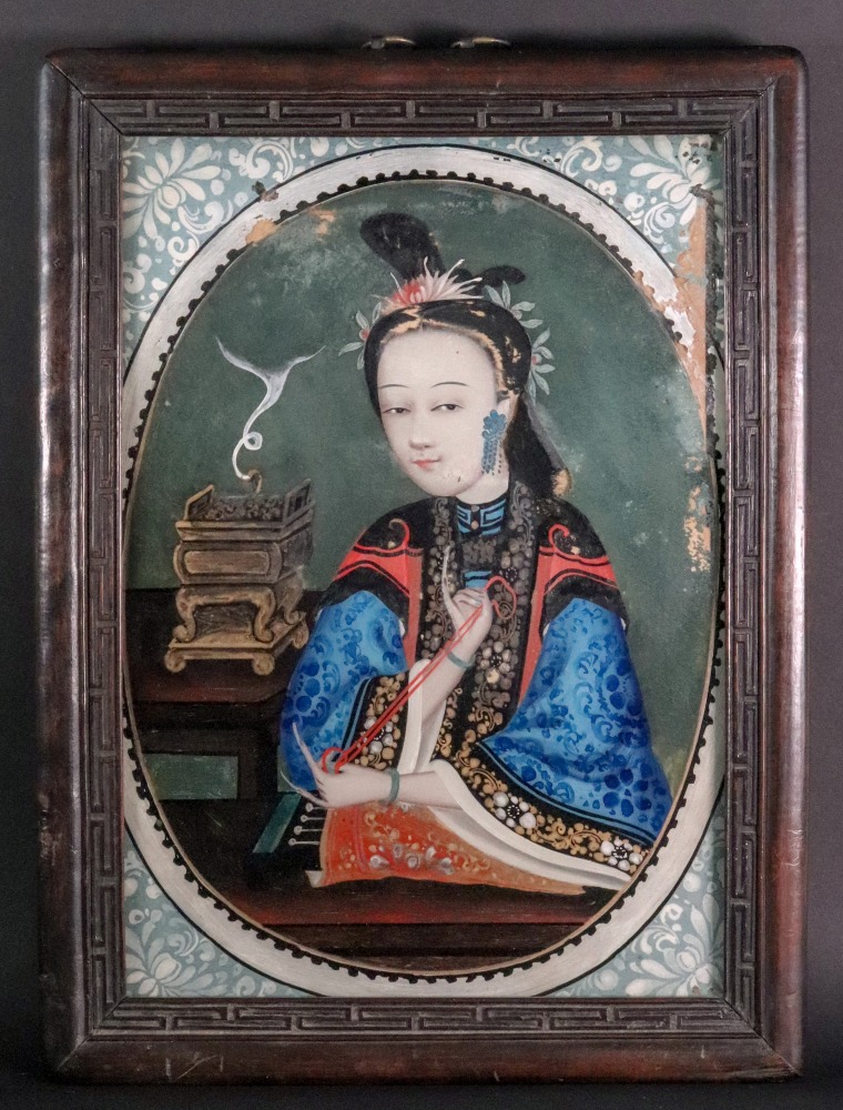A Chinese portrait of a woman, 18th/19th Century, sewing at a table, a censer to her left hand side, - Image 2 of 2