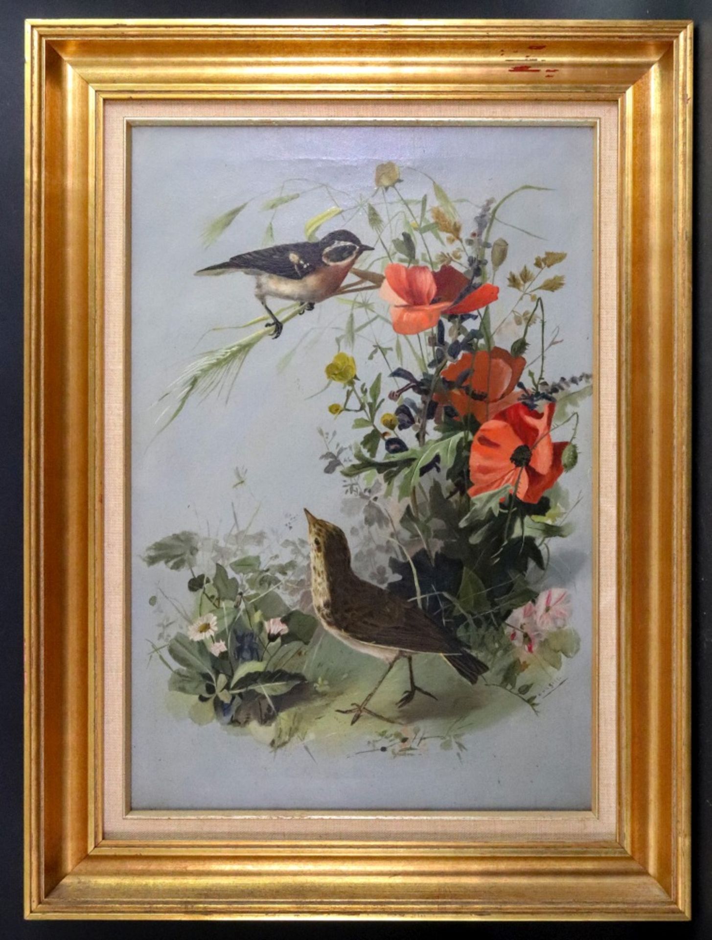 H Hugill (British, 20th Century), Two birds with poppies, signed 'H Hugill' (lower right), - Image 2 of 2