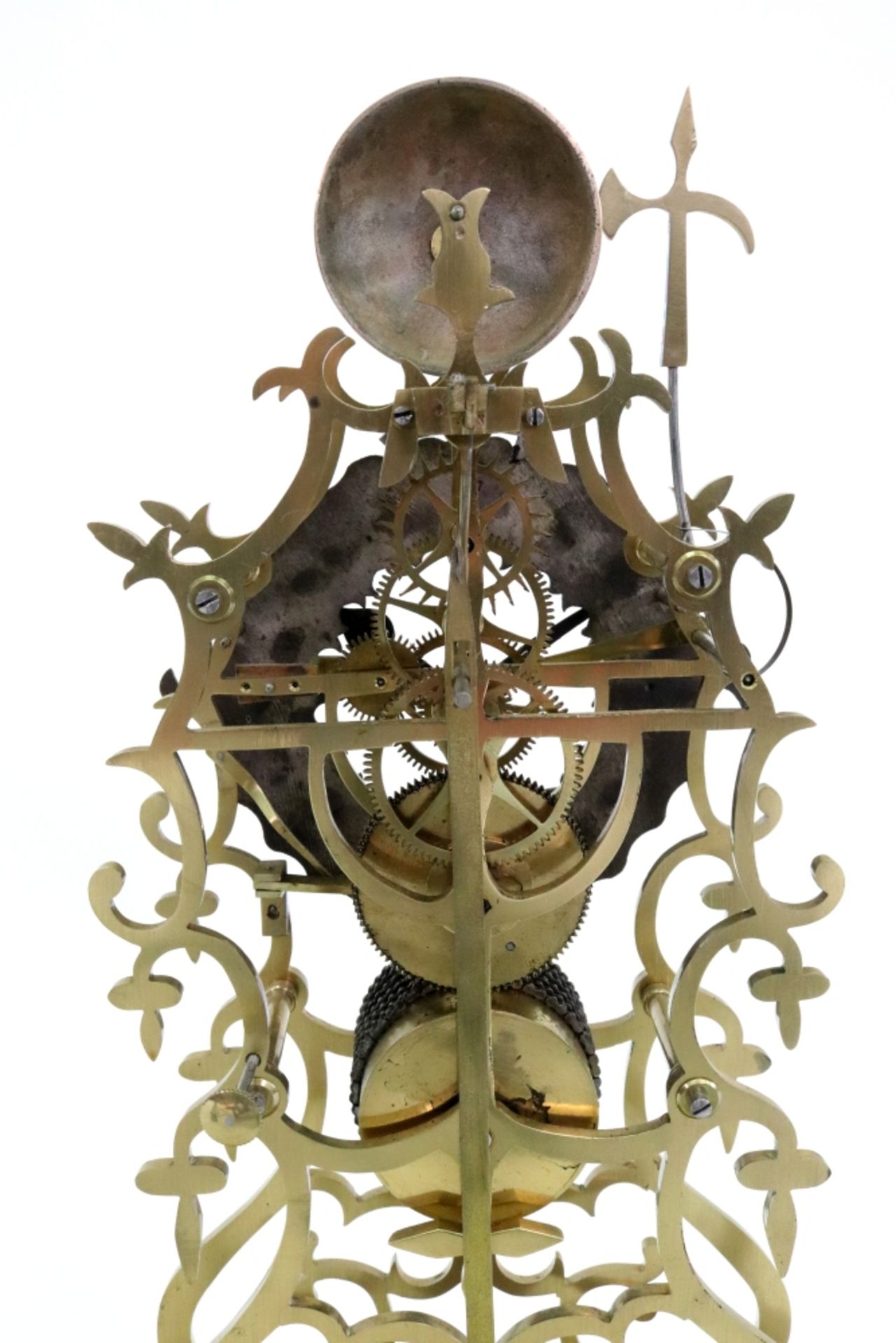 A Victorian brass skeleton clock, of open scrollwork form, the silvered dial with Roman numerals, - Image 6 of 6