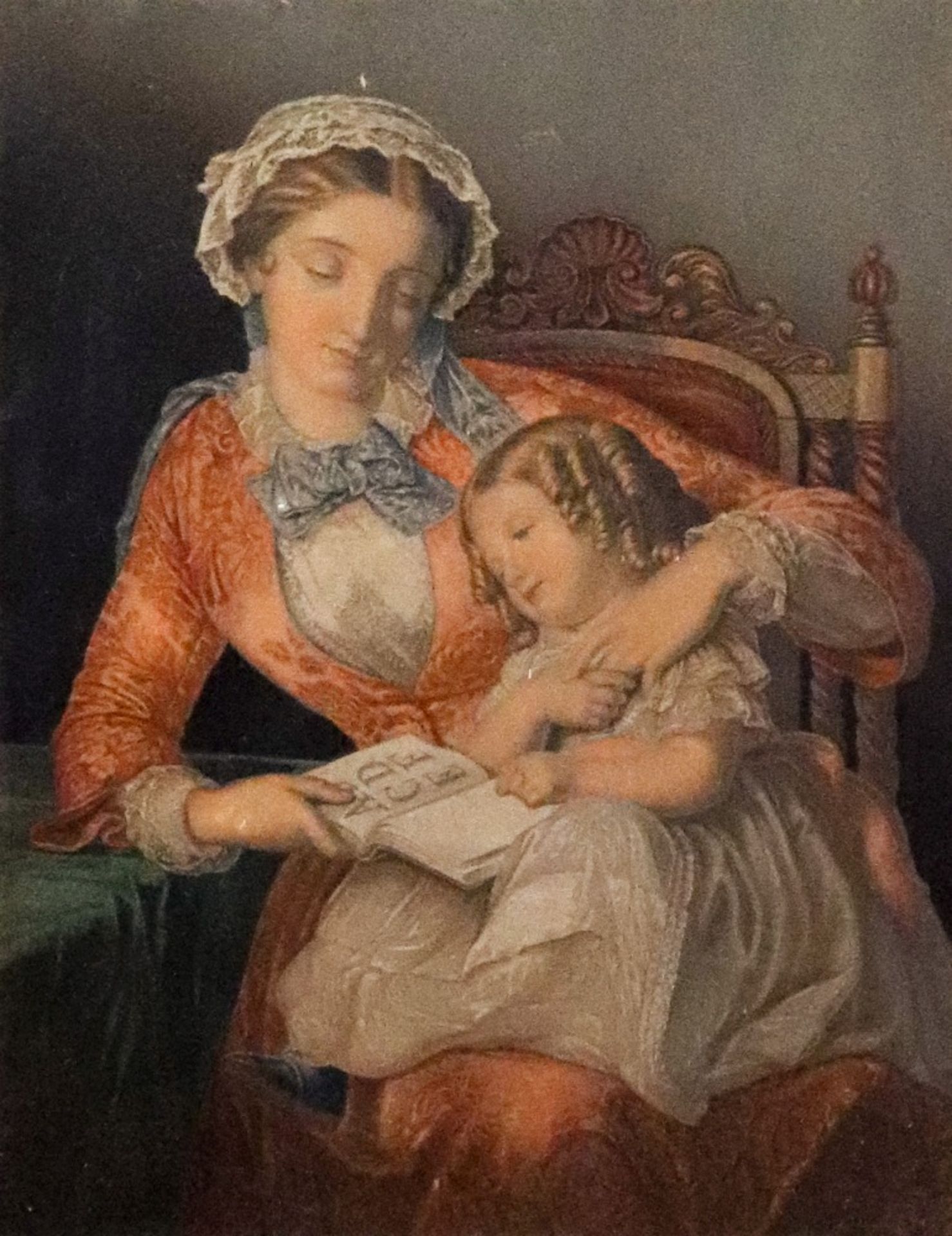 A Baxter print of a mother teaching her daughter to read, 21.5x 17cm, in an ornate gilded frame.