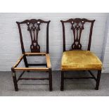 A pair of George III mahogany side chairs with gadrooned carved frame and pierced splat on carved