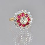 An 18ct gold, diamond and ruby cluster ring,
