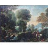 Follower of Pieter Bout, Figures on horseback in a wooded glade, oil on canvas, 28.5cm x 37cm.