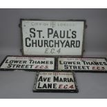 London Street Signs (damaged), St Pauls Churchyard EC4, 76cm x 45cm, Two Lower Thames St EC3,