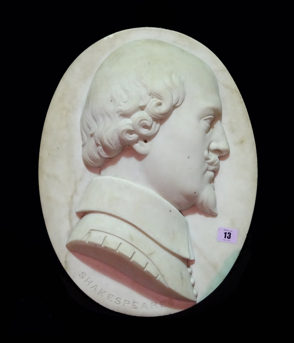 A Victorian relief carved oval plaque depicting Shakespeare, titled to the border, - Image 2 of 3