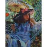 M** R** (contemporary), Girl with parasol, pastel, signed with monogram, 63cm x 48cm.