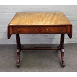 A Regency inlaid mahogany sofa table with a pair of frieze drawers on turned columns and four