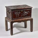 A 19th century Chinese hardwood box on stand, relief carved with 'Hundred Antiques' design,