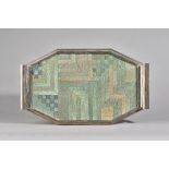 An Art Deco octagonal silver tray with marquetry shagreen decoration, probably American,