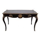 A 19th century French brass inlaid and ebonised bureau plat with two drawers, on cabriole supports,