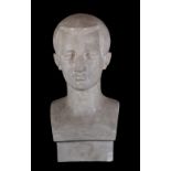 A Continental plaster bust of a man, circa 1920, indistinctly titled in pencil, with Paris stamp,