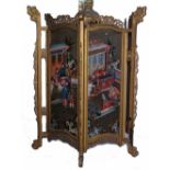 A late 19th century Chinese gilt framed reverse painted standing lantern of hexagonal form with
