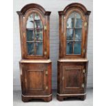A pair of 18th century style figured walnut corner display cabinet/cupboards,