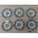 A set of six Chinese export blue and white botanical plates, Qianlong, each after European designs,