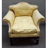 A Chinese Chippendale revival hump back armchair with outswept arms on blind fret mahogany base,