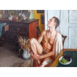 Anne Wright, (b.1935), Male nude, oil on canvas, signed with monogram, 29.5cm x 39.5cm.