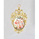A gold and rose diamond set pendant, mounted with an oval enamelled panel,