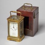 A FRENCH BRASS REPEATING CARRIAGE CLOCK WITH MAHOGANY CASE No.