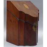 A George III inlaid mahogany slope top serpentine front knife box with later interior,