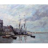 After Boudin, Harbour scene with boats, oil on canvas, 45cm x 54cm.