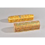 Two Kashmir polychrome painted pen boxes, circa 1900, each profusely painted with birds and flowers,