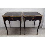 A pair of 20th century ebonised gilt metal mounted square occasional tables with single frieze