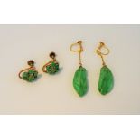 A pair of gold and green bead cluster earings,