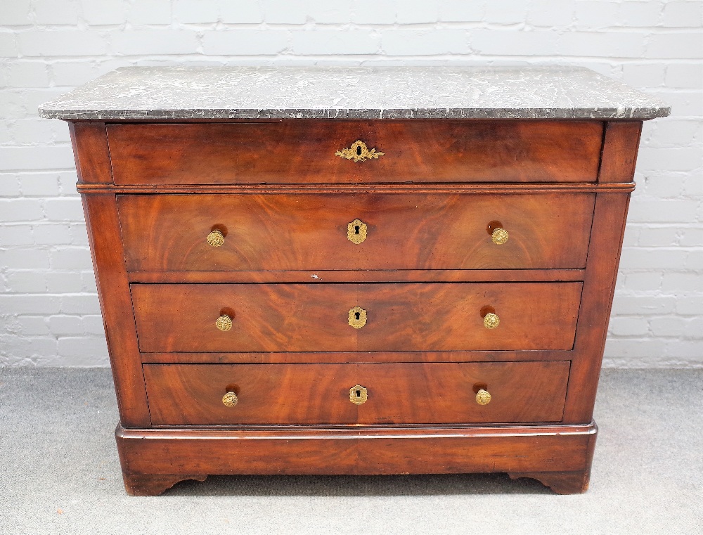 A 19th century French commode, the marble top over a mahogany four drawer base,