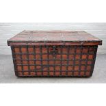 A 19th century Indian iron bound teak rectangular lift top trunk, 106cm wide x 53cm high.