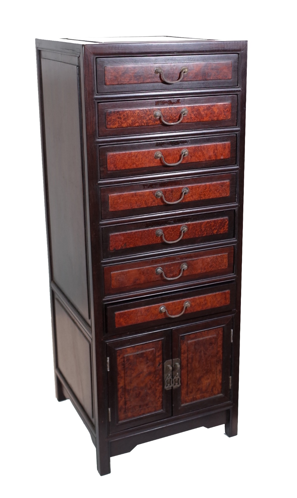 An early 20th century Chinese hardwood and burr wood bank of seven drawers over cupboards, pre-1918, - Image 2 of 2