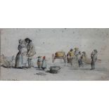 Edward William Cooke (1811-1880), Selling fish at Newlyn, pencil and watercolour, 12cm x 24cm.
