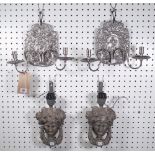 A pair of 18th century style white metal twin branch wall appliques,