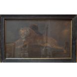 In the manner of Benjamin Zobel; Recumbent tiger, sand picture with inset glass eyes (marmotinto),